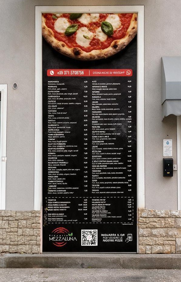Cartel menú Pizzeria Mezzaluna